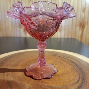 Vintage Fenton Art Glass Pink Cabbage Rose Ruffled Dish